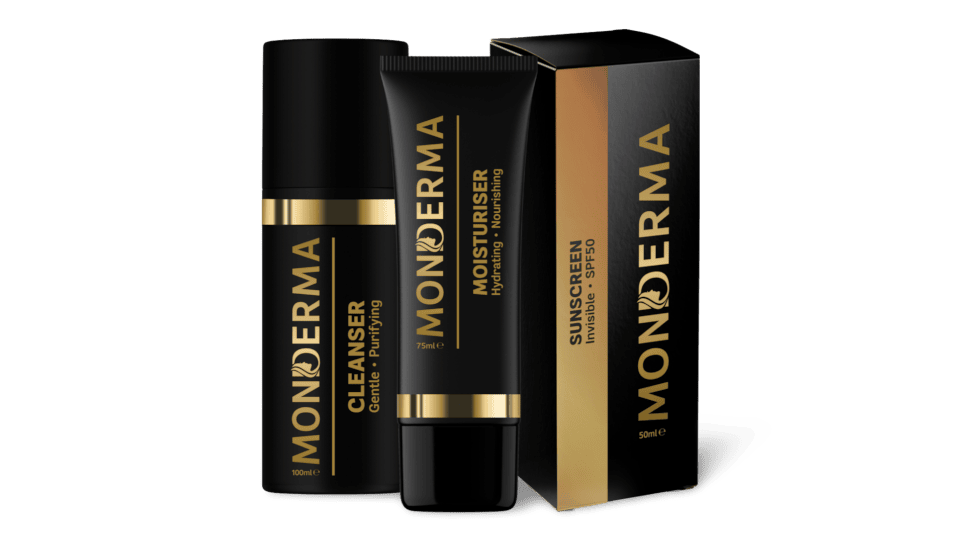 Monderma's cleanser pump, moisturiser tube, and sunscreen box on a transparent background