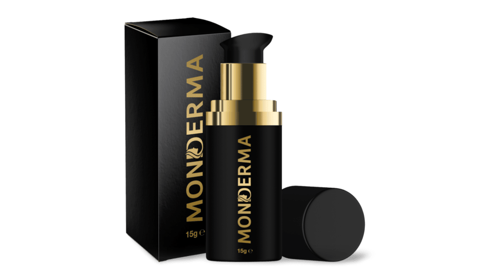 Monderma's custom formula box and custom formula pump with its lid off on a transparent background