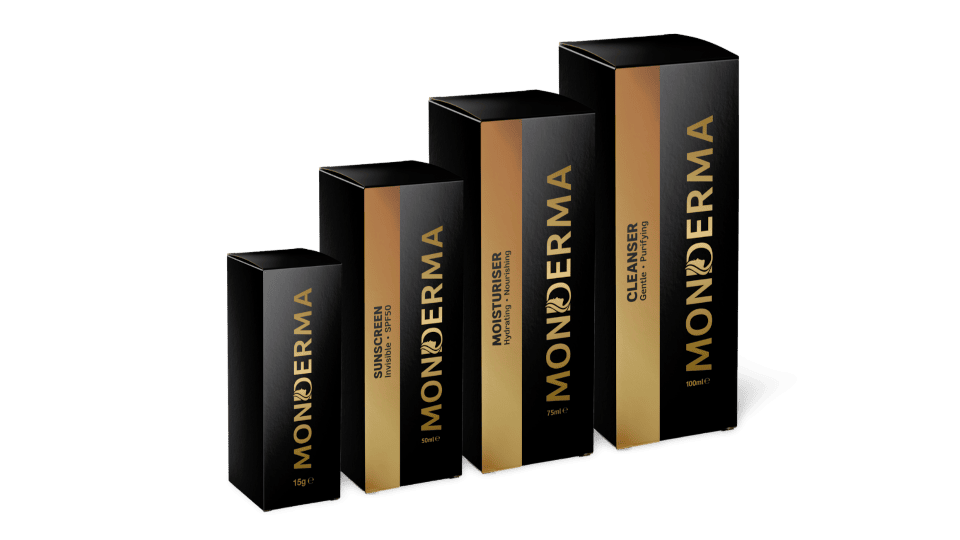 Monderma's custom formula box, sunscreen box, moisturiser box, and sunscreen box on a transparent background