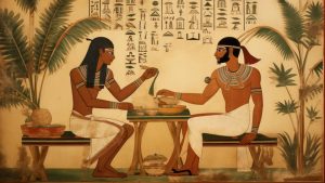 Ancient egyptian men working on a skincare treatment on a brown background