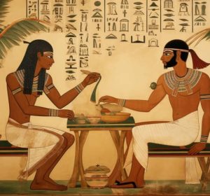 Ancient egyptian men working on a skincare treatment on a brown background