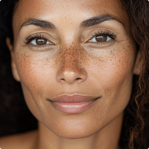 Middle-aged mixed-race woman with hyperpigmentation